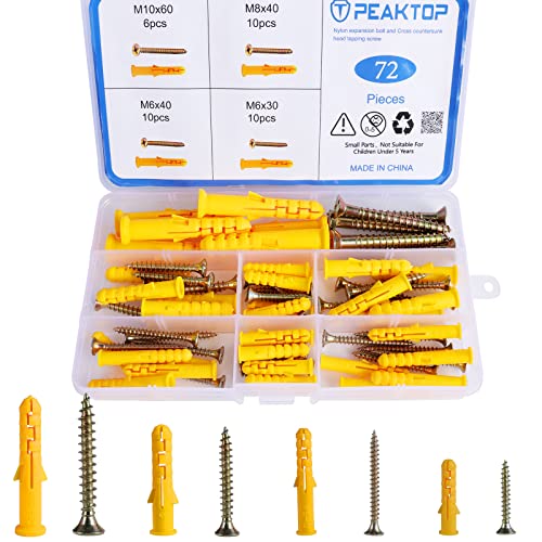 72 Dübel Schrauben Set, M6 M8 M10 Universaldübel Set mit Schrauben, Spreizdübel und Schrauben Set, Selbstschneidende Holzschrauben Senkkopf Treibschrauben für Ziegel Beton Trockenbau 72 Dübel Schrauben Set, M6 M8 M10 Universaldübel Set mit Schrauben, Spreizdübel und Schrauben Set, Selbstschneidende Holzschrauben Senkkopf Treibschrauben für Ziegel Beton Trockenbau