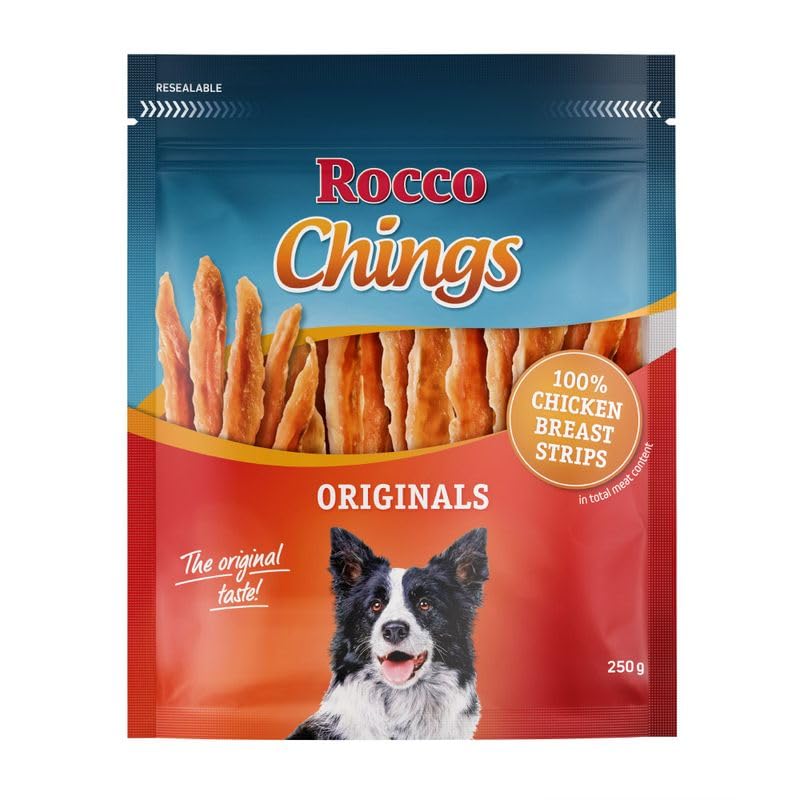 Gemischtes Probierpaket Rocco Chings Originals | Hundesnack | Hühnerbrust Streifen & getrocknet, Entenbrust, Rind | 900 g