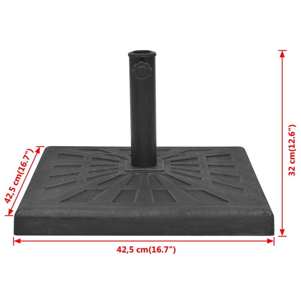 Base per ombrellone quadrato in resina da 19 kg, colore nero, con bulloni di bloccaggio per tubo da 57 mm e due adattatori per aste da 38 e 48 mm.