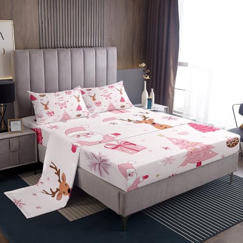 Homemissing Juego de sábanas de Navidad de tamaño doble, decoración de ciervo y alce, juego de sábanas bajeras de bolsillo profundo, juego de cama suave de Papá Noel, 4 piezas con 2 fundas de almohada