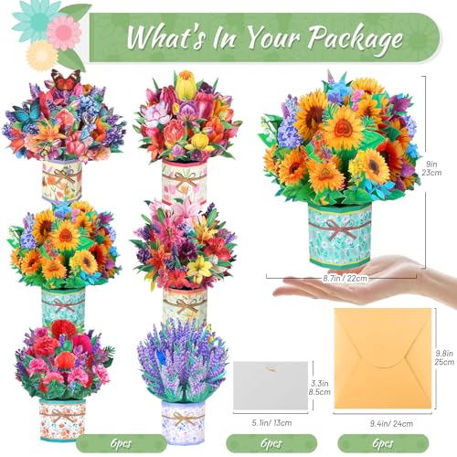 6 Pack Paper Flower Pop Up Cards, Flower Bouquet Card Popup 3D Greeting Cards for Mother's Day, Graduation, Anniversary, Birthday, Congratulations, Get Well, Home Decor, with Envelope and Note4