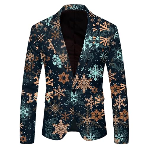 Christmas Suit for Men Ugly Xmas Printed Blazer Fashion One Button Holiday Party Fit Lapel Warm Jacket with Pocket Blue Green