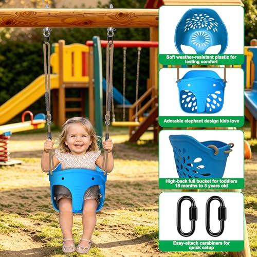 Image of SELEWARE Blue Toddler Swing Set - Heavy-Duty High Back Full Bucket Toddler Swing Seat & Kids Tree Swing with Adjustable Ropes, Backyard Playground Swing Set Accessories for Kids, Indoor /Outdoor Use