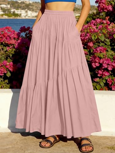 Image of ANRABESS Women's Boho Elastic High Waist Pleated A-Line Flowy Swing Asymmetric Tiered Maxi Long Skirt Dress with Pockets