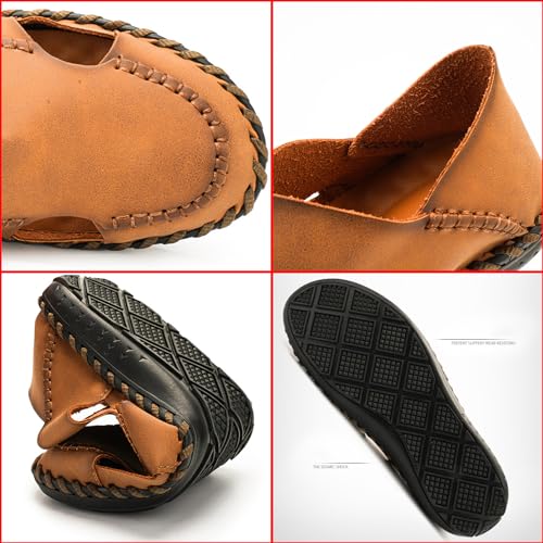 Men's Hollow Leather Closed Toe Casual Flat Sandals Outdoor Athletic Handmade Slip On Beach Shoes Summer Breathable Comfort Walking Sandals2