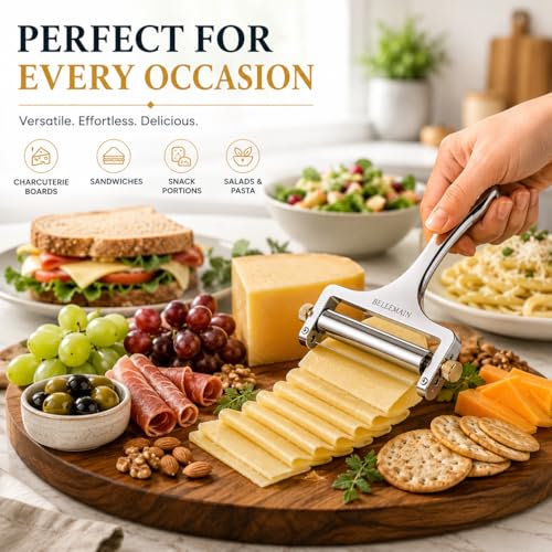 Image of Bellemain Stainless Steel Wire Cheese Slicer with 2 Extra Wires - Handheld Cheese Cutter for Block Cheese, Adjustable Thick & Thin Slices for Cheddar, Gruyere, Raclette & Mozzarella (Silver)