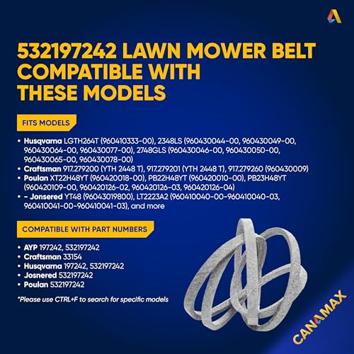 Image of 532197242 197242 Mower Deck Belt - for Husqvarna YTH24V48 YTH24K48 YTH2348 YTA24V48 Craftsman AYP Poulan Lawn Tractors with 48 inch Mower Deck | Aramid Cord |138.75 inch x 0.65 inch