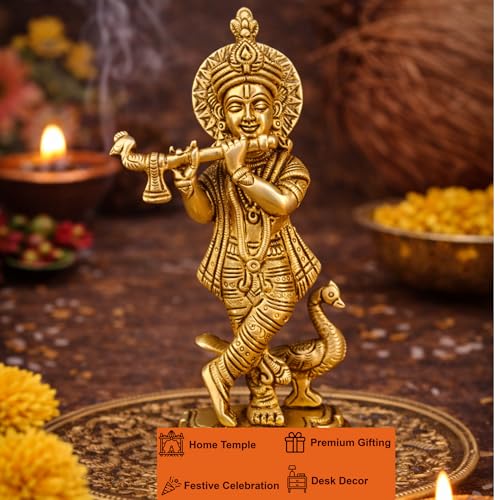 Image of 100% Pure Brass Lord Krishna Idol with Flute (Size:16cm, 600grams) | Shree Lord Krishna Statue for Home Decor | Sri Krishna Idols Gift for House Warming Ceremony or Office Desk