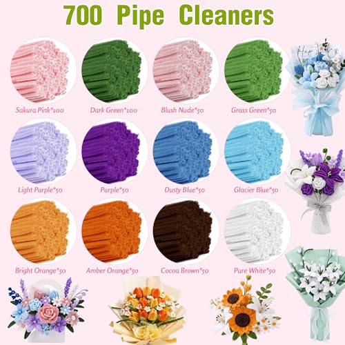 800 PCS Pipe Cleaner Flower Kit, 12 Colors Chenille Stems Craft Kit with Floral Stems, Tape, Stamens, Ribbons, Manual - Make DIY Flowers for Heartwarming Gifts, Family Crafts, Cozy Decor & Bonding by Loxzirra - Image 2