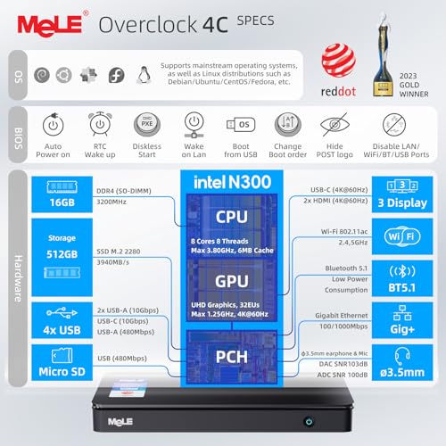 Image of MeLE Mini PC Overclock 4C with Windows 11 Pro,Micro Desktop Computer N300 16GB RAM DDR4 512GB SSD, 4K Triple Display, USB-C, USB3.2 /WiFi /BT /Ethernet on Business Home Office Linux Portable PC with Fan