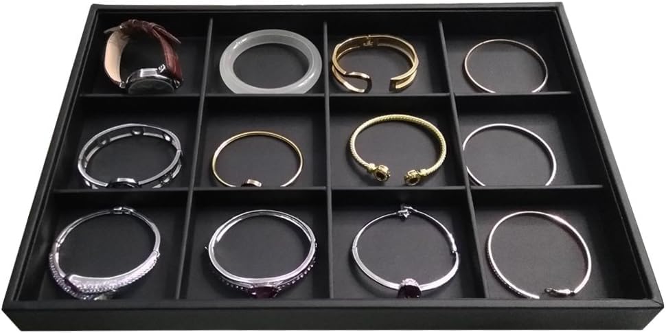 12 Grids Black Leather Jewelry Trays Stackable Jewelry Organizer Trays For Drawer Bracelet Earring Display Watches Brooches Display (Black)