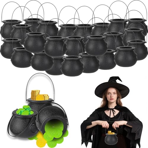 Junware 24pcs Mini Cauldrons with Handle Halloween Witch Mini Cauldron Multi-purposed Plastic Cauldron Candy Holder for Halloween & St. Patricks Day Party Favors Decor Halloween Pot