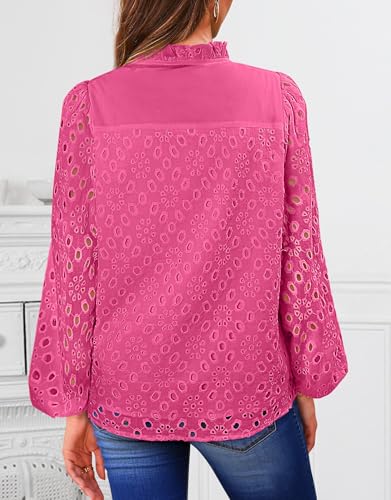 BETTE BOUTIK Women's Long Short Sleeve Tops 2025 Dressy Casual Button Hollow Out Lace Embroidered Blouses Shirts