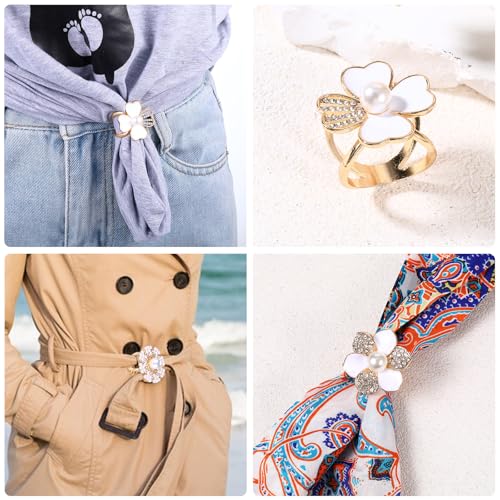 Image of Flower Scarf Ring, Scarf Clip Buckle for Women Camellia Four Leaf Clover Gardenia Pearl Shawl Brooch Decoration Accessories 4 PCS