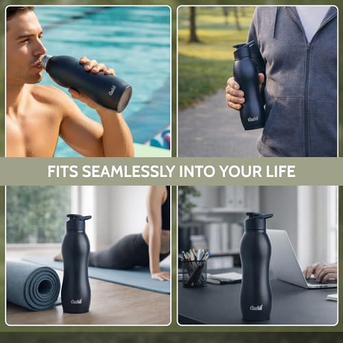 Image of Clazkit Platina Stainless Steel Black Matte Finish Water Bottle Set of 2 |ISI Certified | Leakproof, Rust-Free, BPA-Free, Durable for Fridge, Sports, Gym, Yoga & Office-Easy to Clean & Reusable-1000ml