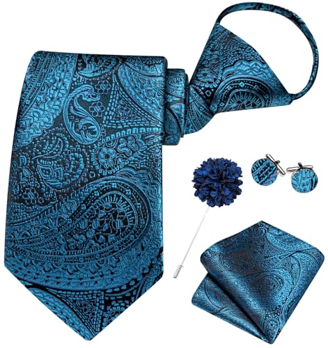 Image of Hi-Tie Teal Zipper Ties for Men Paisley Adjustable Pre-Tied Necktie Lapel Pin Pocket Square Cufflinks Set