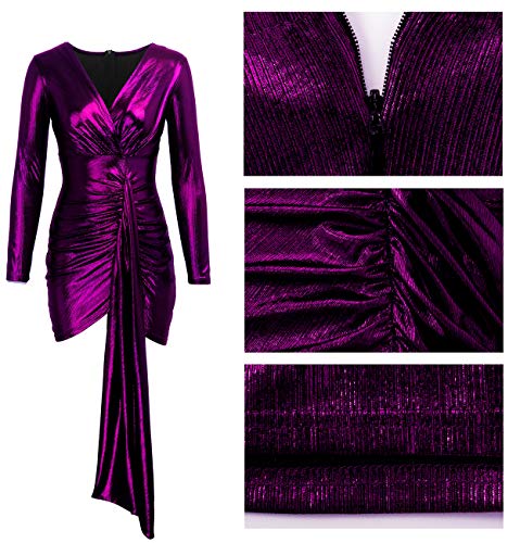BestGirl Women's Sexy Dress Deep V Neck Long Sleeve Ruched Sparkly Bodycon Club Mini Dresses3