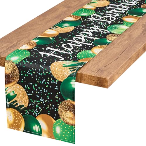 Image of Letjolt Golden Green Balloon Happy Birthday Table Runner 72 Inches | Linen-Like Fabric, Celebrate Birthday Party Table Decor