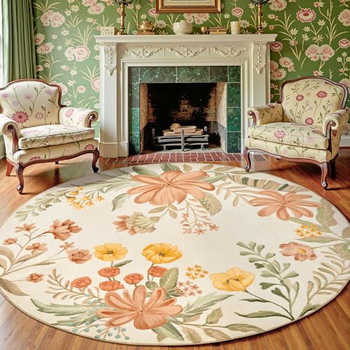 jinchan Vintage Floral Round Rug,8ft Coral Pink Beige,Washable Non Slip