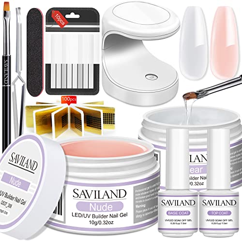 Saviland Builder Nail Gel Set — 2 Colors + Mini LED Lamp + 100 Pcs Nail Forms