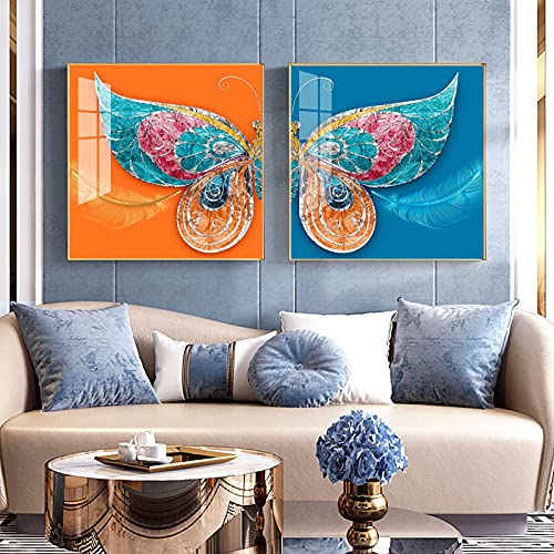 Peinture art papillon moderne bleu orange argent pour grand mur