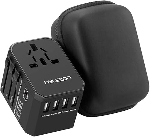 Adaptador de viaje universal, adaptador de corriente internacional de carga rápida hyleton con 4 puertos USB y 1 tipo C, adaptador de enchufe de