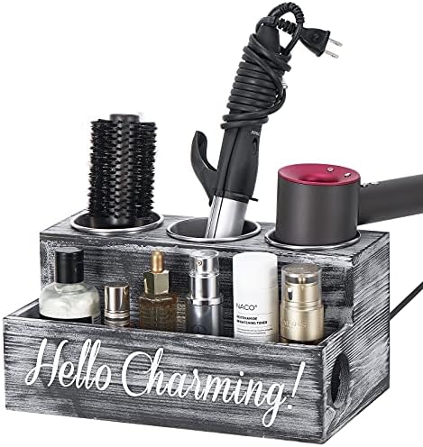 Shinowa Hair Tool Organizer, Wooden Hair Dryer Holder, Rustic Hair Styling Tools Organizer, Hair Tool Holder for Curling Iron Flat Iron Straightener (Gray)