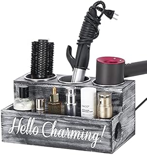 Shinowa Hair Tool Organizer, Wooden Hair Dryer Holder, Rustic Hair Styling Tools Organizer, Hair Tool Holder for Curling Iron Flat Iron Straightener (Gray)