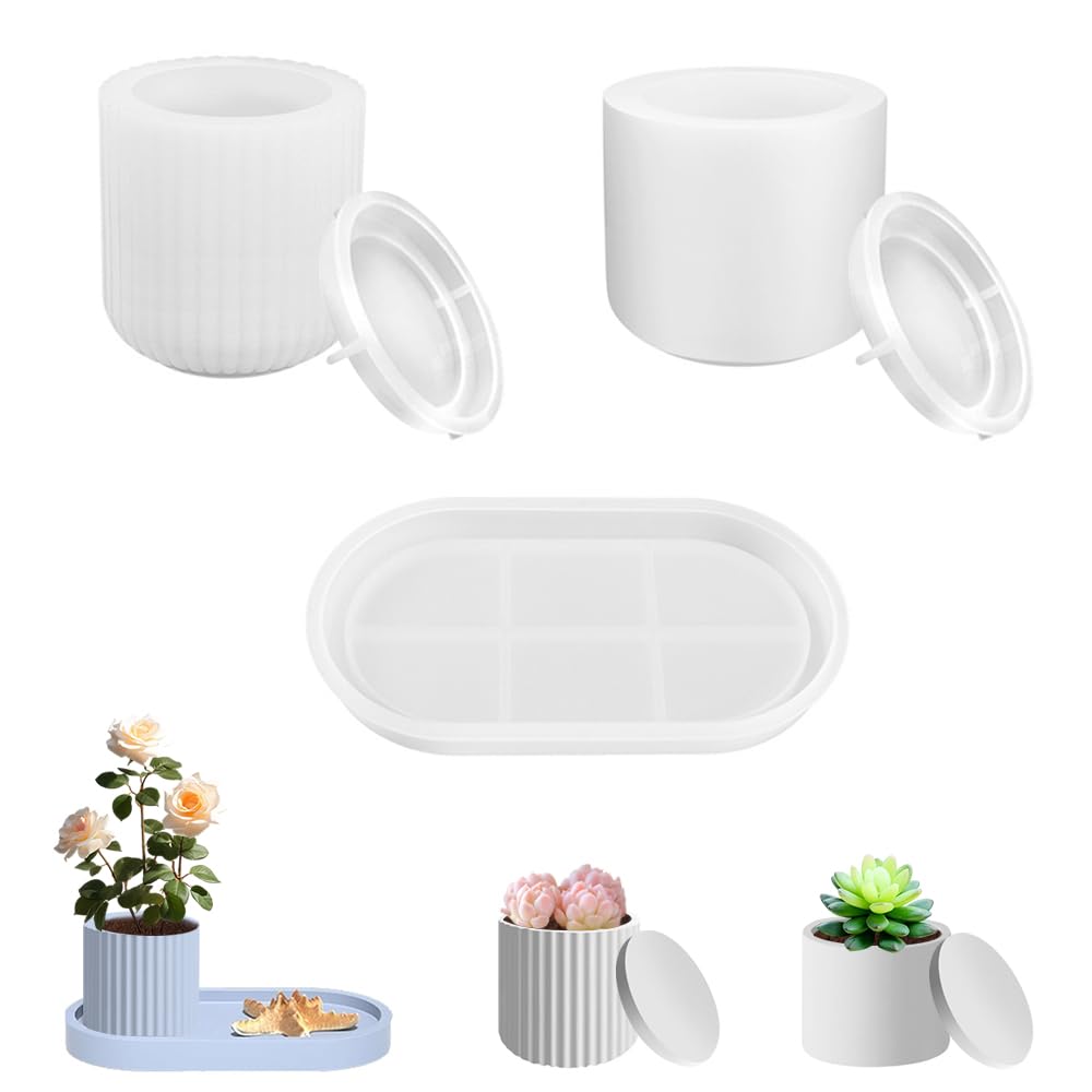 5 stampi in silicone per piante grasse cactus, 2 vasi + 1 pallet + 2 coperchi, Vaso a Forma di Resina Epossidica, per vasi fai da te, in silicone, per vaso, in silicio, fatti a mano