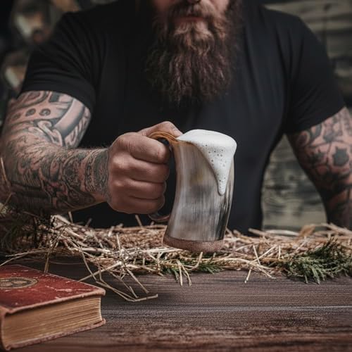 Image of Norse Tradesman Viking Drinking Horn Mug - Darker Color Horn - 100% Authentic Beer Horn Tankard With Hardwood Bottom | Approx. 12 oz