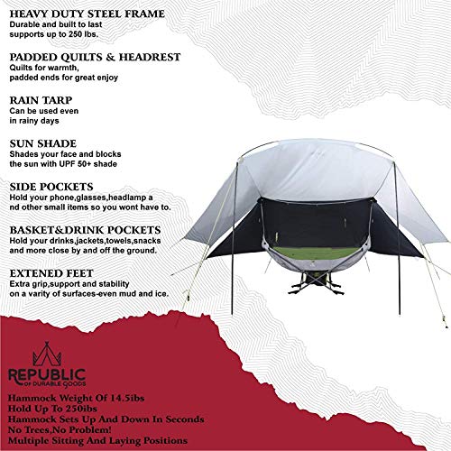 Republic Of Durable Goods Portable Hammock With Stand Included Compact Folding Camping Hammock Stand With Shade Canopy,Mosquito Net For Travel Car Camping Mock One Hammock Chair Foldable,Blue #TOP1