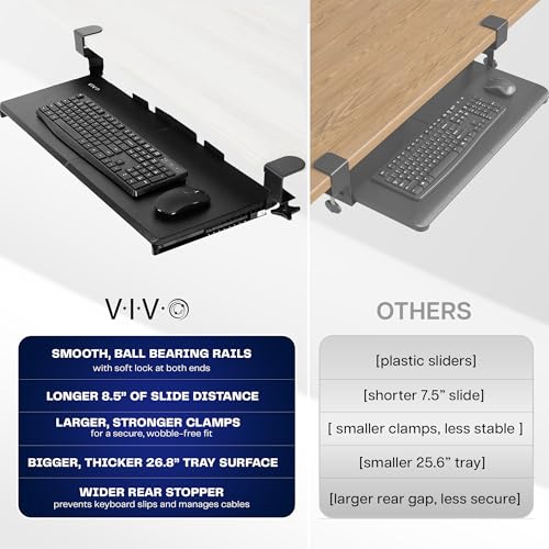 Image of VIVO Large Keyboard Tray Under Desk Pull Out with Extra Sturdy C Clamp Mount System, 27 (33 Including Clamps) x 11 Inch Slide-Out Platform Computer Drawer for Typing, Black, MOUNT-KB05E | Keyboard Tray for Typing, Slide Out Platform, Extra Sturdy C-Clamp Mount System, Computer Drawer, Black Frame