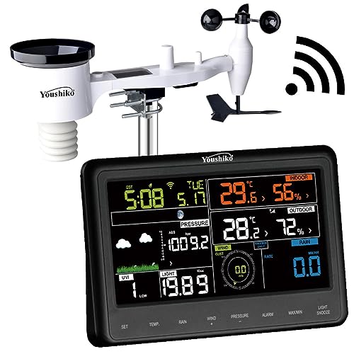 Youshiko 9510 Weather Stations Offical UK version, Wireless Outdoor Solar Powered 7 in 1 Weather Station Sensor, WiFi Indoor Color LCD Display, Weather Alerts for Home Garden Farm 868 MHZ