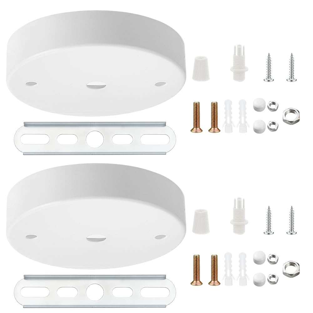AHANDMAKER 2 Pcs Ceiling Canopy Kit Iron Light Fixture Cover Plate 3.86 Inch Round Mounting Hardware for Pendant Light Chandelier Hanging Lighting in Living Room Dining Room Home Decor, White