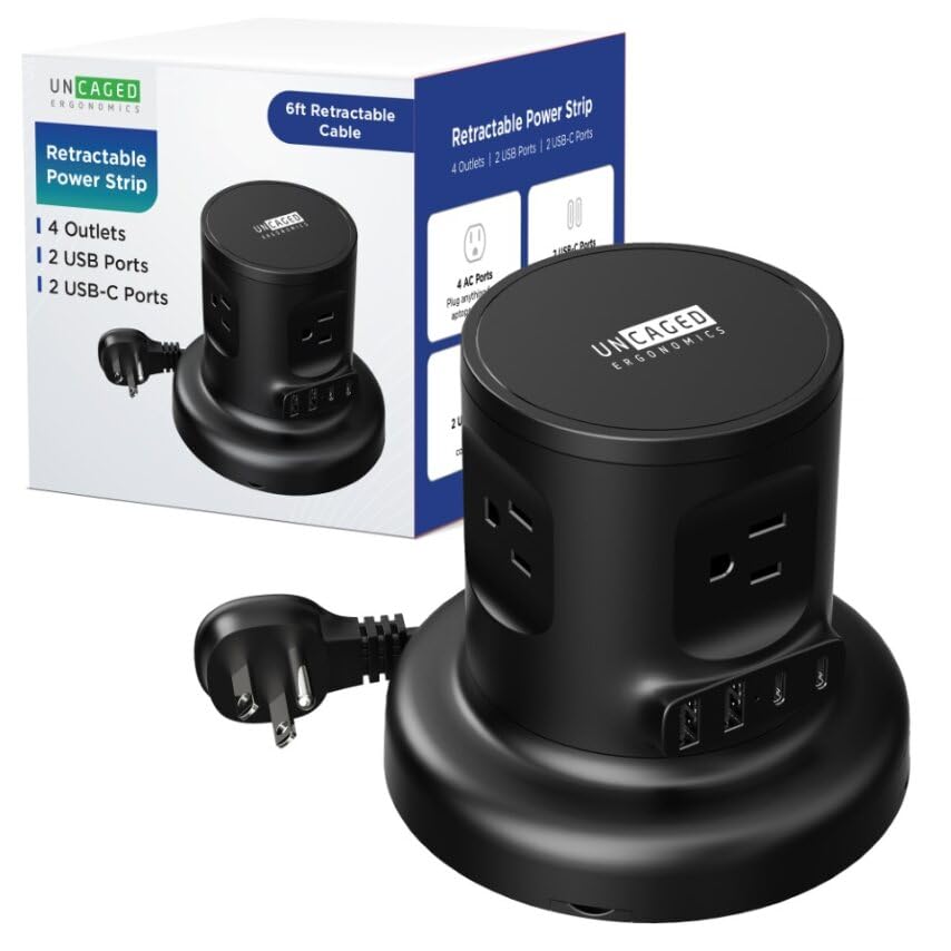 Uncaged Ergonomics Retractable Power Strip with USB Ports Surge Protector with USB C Ports Fast Charging Auto Retracting