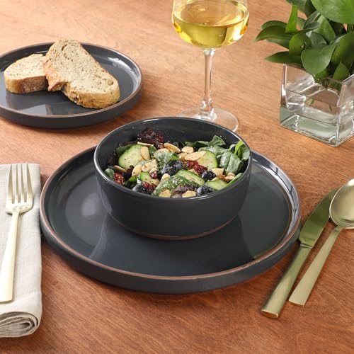 Image of Gibson Elite Northrock Stoneware Dinnerware Set, 12-Piece Service for 4 Plates and Bowls Set - Charcoal Blue Dishes with Hand-Painted Terracotta Base