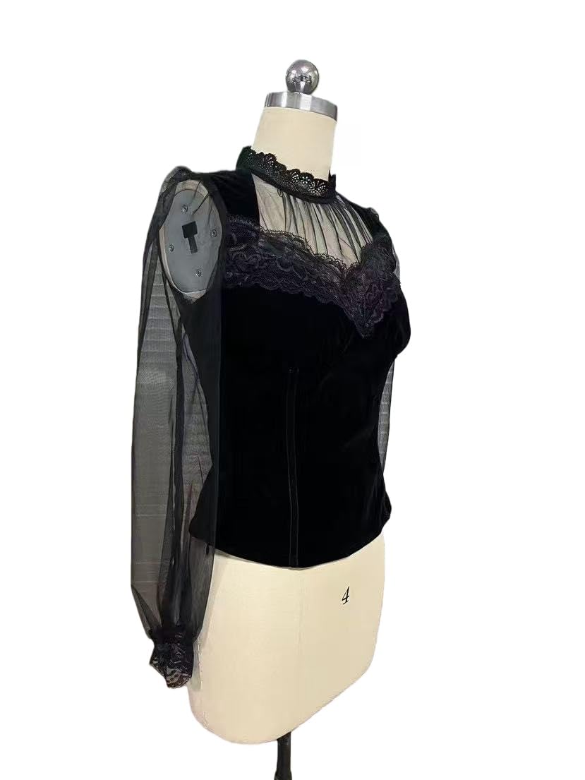 Camicetta da donna in velluto a collo alto in pizzo, camicetta vintage a maniche lunghe con volant, camicetta elegante casual