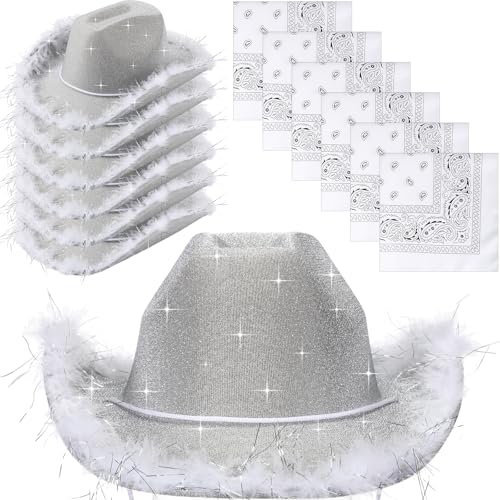 Image of Coume 12 Pcs Sparkly Adults Cowboy Hat and Bandanas Women Men Western Glitter Cowgirl Party Hats with Adjustable Drawstring