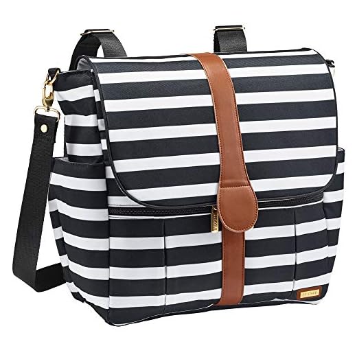 JJ Cole - Backpack, Gender Neutral Large Capacity Diaper Bag, Multifunctional, Stylish, with Stroller Clips and Changing Pad, Black & White Stripe