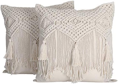 Folkulture Boho Throw Pillow Covers 16X16, Macrame Pillow Covers, Modern Farmhouse Bohemian Pillow Covers for Bed, Couch or Sofa, Set of 2 with Tassels, Natural Off-White
