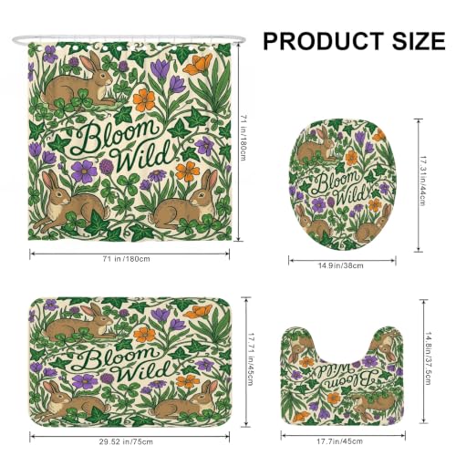 Rideau de douche polyester fleurs de nature avec tapis de bain lierre