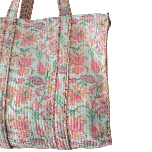 Cotton Quilted Tote Bag Hand Block Printed Floral Print Shopping Shoulder Handbag Travel Market Daily Grocery Beach Bag3