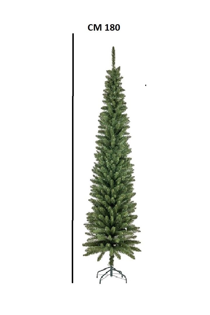 Albero di natale slim verde ALBERELLO alto 180 cm folto pieno con 346 cime salvaspazio ignifugo rapida apertura ad ombrello piede in metallo