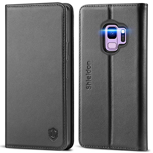 SHIELDON Galaxy S9 Case, Genuine Leather Premium Galaxy S9 Wallet Case Folio Cover Stand Feature with Credit Card Slots Full Protection Case Compatible with Galaxy S9 5.8 Inch - Black