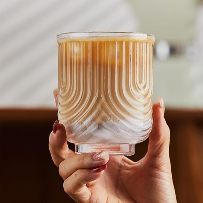 Image of PrimeWorld Vintage Ripple Highball Glass Set of 6 - 370 ml | Fashioned Transparent Cocktail Glassware | Classic Tall Glasses for Water, Juice, Iced Coffee & Bar Beverages
