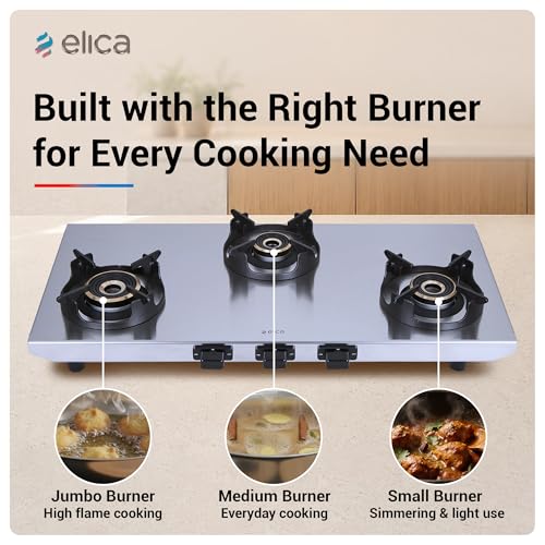 Image of Elica 3 Burner 2mm Stainless Steel Gas Stove | INOX HD 3B 77 | 77cm Wide Layout, Forged Brass Burners - 1 Jumbo 1 Medium 2 Small Burners, Crown Shape Pan Support, 2 Yr Warranty