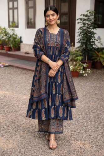 Image of Nermosa Women's Printed Anarkali Kurta Palazzo Set with Dupatta