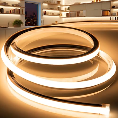 VOEWT LED Strip Lights Warm White 3000K,9.8ft 110-120V Neon Rope Lights,Flexible Silicone Outdoor Waterproof Neon Strip Lights for Bedroom,Mirror,Kitchen Cabinet, Living Room,Halloween Decor