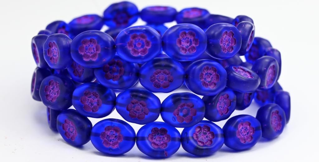 Oval Pressed Glass Beads With Flowers Transparent Blue Purple Lined 30080-46420 14 x 11 mm Glass Czech Republic