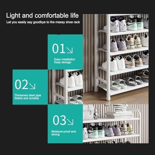 Portable Tall Shoe Rack, 16-20 Pairs Boot Organizer, Sturdy Narrow Storage Shelf with Hooks for Entryway & Closet, Black Door Cabinet (80x172cm/31.4x67.7in)